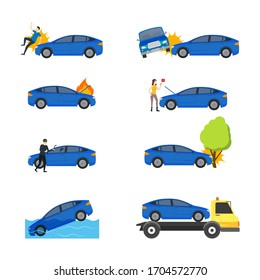 Cartoon Car Insurance Signs Icon Set Include of Fire, Thief, Flood and Insurer. Vector illustration of Icons