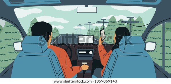 Cartoon car interior. Cute couple driving\
during vacation trip, happy family riding on road. View from behind\
driver and passenger. Empty highway and forest landscape. Vector\
traveling by\
automobile