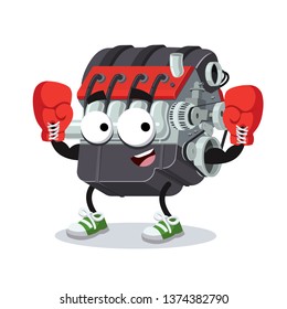 cartoon car internal combustion engine mascot in red boxing gloves on white background