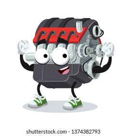 cartoon car internal combustion engine mascot shows its strength on a white background