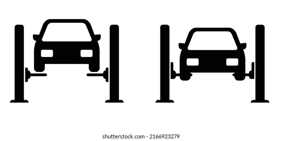 Cartoon car lifting service icon or symbol. Flat vector cars, garage shop tools. Car lift pictogram. Motorcar service or repair service center. Car lifted on auto. Line pattern. Hydraulic car jack