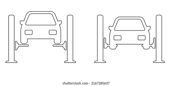 Cartoon Car Lifting Service Icon Or Symbol. Flat Vetor Cars, Garage Shop Tools. Black Car Lift Pictogram. Motorcar Service Or Car Repair Service Center. Car Lifted On Auto. Line Pattern.