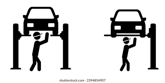 Cartoon car lifting service icon or symbol. Flat vector cars, garage shop tools. Car lift pictogram. Motorcar service or repair service center. Car lifted on auto. Line pattern. Hydraulic car jack