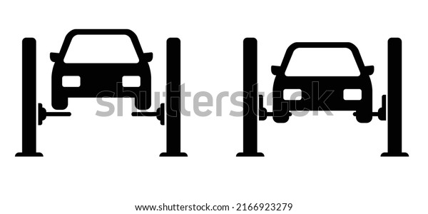 Cartoon car lifting
service icon or symbol. Flat vetor cars, garage shop tools. Black
car lift pictogram. Motorcar service or car repair service center.
Car lifted on auto.