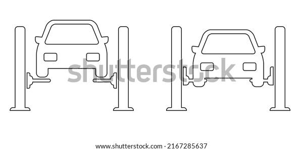 Cartoon\
car lifting service icon or symbol. Flat vetor cars, garage shop\
tools. Black car lift pictogram. Motorcar service or car repair\
service center. Car lifted on auto. Line\
pattern.