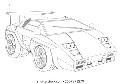 A cartoon car with a long hood and a long wheelbase. The car is drawn in black and white