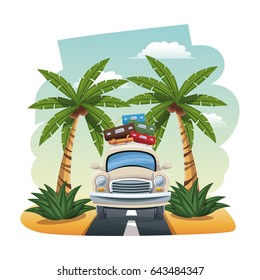 cartoon car with luggage on roof tropical road