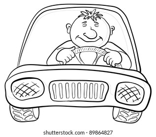 Cartoon, Auto mit Fahrer, Konturen auf weiß. Vektorgrafik