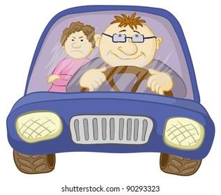 Cartoon, car with a man driver and passenger a woman. Vector