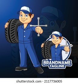 Cartoon Car Mechanic Man Carrying A Tire With Spanner