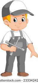 Cartoon car mechanic man carrying a spanner of illustration