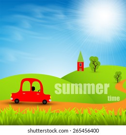 Cartoon car on a background summer landscape  