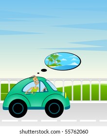 cartoon car on a background summer landscape