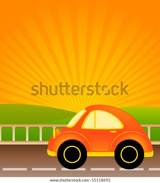 cartoon car on a\
background summer\
landscape