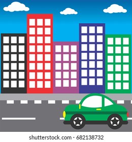 cartoon car on road on city background