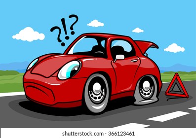 Cartoon Car On The Road With A Flat Tire. Vector Illustration