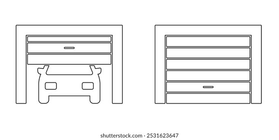 Cartoon car parking or garage box icon. Vehicle repair maintenance garage. Garage door, security and protection of a auto mobile. Open or closed doors. Roller shutter garage. Roll up door strip lines.