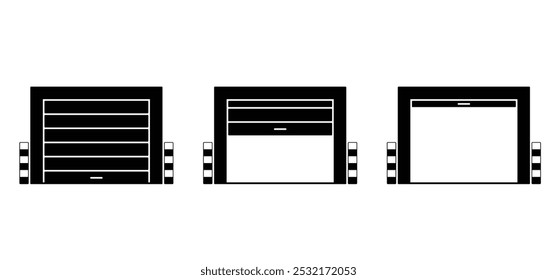 Cartoon car parking or garage boxicon. Vehicle repair maintenance garage. Garage door, security and protection of a auto mobile. Open or closed doors. Roller shutter garage. Roll up door strip lines.