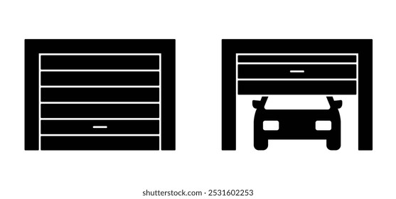 Cartoon car parking or garage icon. Vehicle repair maintenance garage. Garage door, security and protection of a auto mobile. Open or closed doors. Roller shutter garage. Roll up door strip lines.