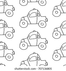 Cartoon car pattern with hand drawn cars. Cute vector black and white car pattern. Seamless monochrome car pattern for fabric, wallpapers, wrapping paper, cards and web backgrounds.