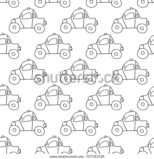 Cartoon car\
pattern with hand drawn cars. Cute vector black and white car\
pattern. Seamless monochrome car pattern for fabric, wallpapers,\
wrapping paper, cards and web\
backgrounds.