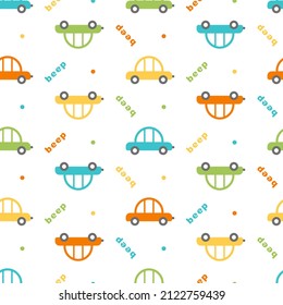 Cartoon car pattern for kids. Funny transport multicolor for newborn baby boy. Seamless texture for children's preschool product. Flat automobile for infant textile, fabric, stationery, nursery design