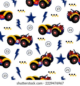 Cartoon car pattern.ATV Motor and  racing flag and stars on white background.car pattern design for kids ,fabric ,clothing kid. Monster car design.