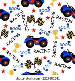 Cartoon car pattern.ATV Motor and  racing flag and stars on white background.car pattern design for kids ,fabric ,clothing kid. Monster car design.