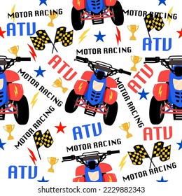 Cartoon car pattern.ATV Motor and  racing flag and stars on white background.car pattern design for kids ,fabric ,clothing kid. Monster car design.