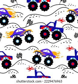 Cartoon car pattern.monster car racing and racing flag on white background.monster truck pattern design for kids ,fabric ,clothing kid. Monster car design.