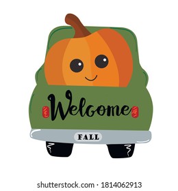 Cartoon car with pumpkin. Funny Hand-drawn Welcome Fall Art for print, vector
