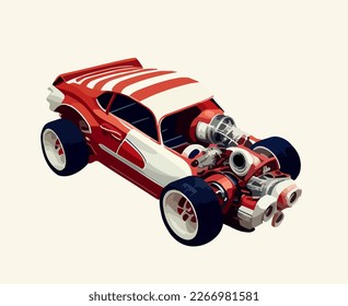 A cartoon car in red coloring with a visible engine. Vector illustration