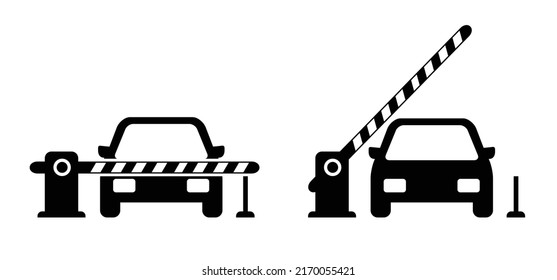 Cartoon car security barrier gates. barriers or boom with cars icon. Parking sign or symbol. Inside a garage. Vector logo. Private parking zone. Closes automatically. Automatic closing or shutdown.