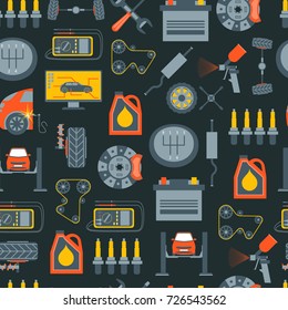 Cartoon Car Service Background Pattern on a Black Professional Help Flat Style Design Equipment Element for Repair Transport. Vector illustration