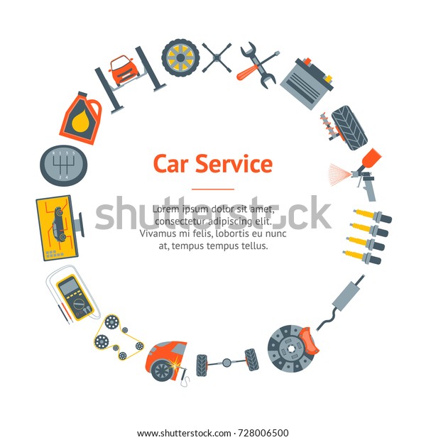 Cartoon Car Service Banner Card Circle\
Professional Help Flat Style Design Equipment Element for Repair\
Transport. Vector\
illustration