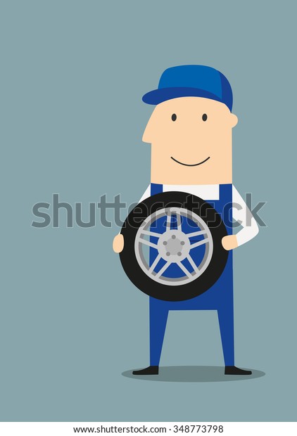 Cartoon car service mechanic in blue\
overalls and cap holding the wheel. Good service\
concept