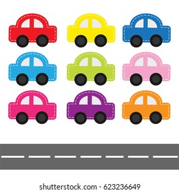 Cartoon car set with dash line and horizontal road. Baby kids style. White background. Isolated. Flat design. Vector illustration.