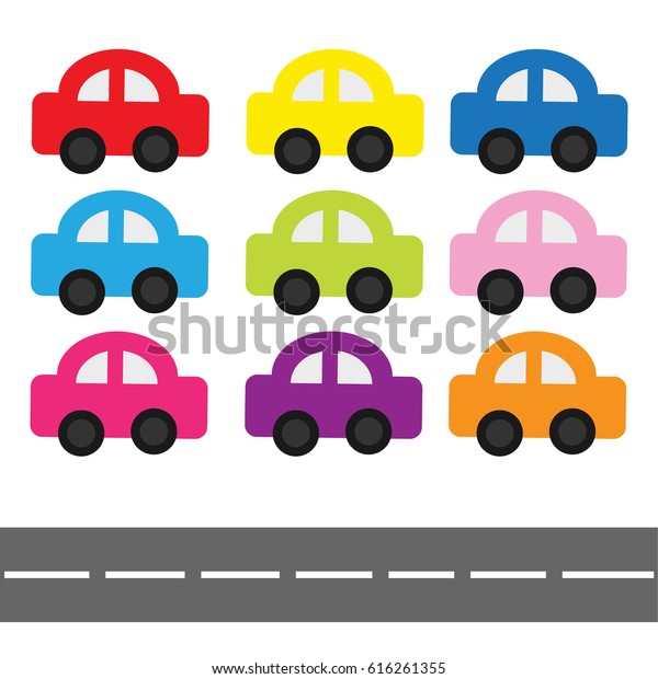 Cartoon car\
set and horizontal road. Baby kids style. White background.\
Isolated. Flat design. Vector\
illustration.