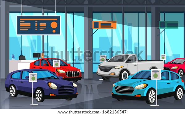 Cartoon car showroom center with autos\
exhibition inside. Automobile dealership store shop interior. New\
modern vehicles models demonstration, sale and trading. Vector flat\
illustration