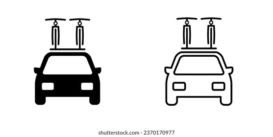 Cartoon car side view and bicycle. Cyclist or bike on cars to holiday. vacation sport time. Car with bicycle on the roof rack. For tourists on the road or city. Cycle with bikes roof rack.