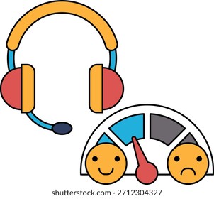 Ein Cartoon eines Autos mit einem Tacho und einem Headset auf dem Armaturenbrett. Das Auto lächelt und der Tacho runzelt die Stirn