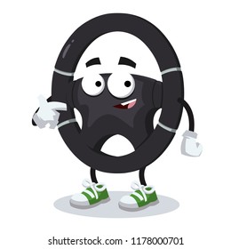 cartoon car steering wheel mascot showing himself on a white background