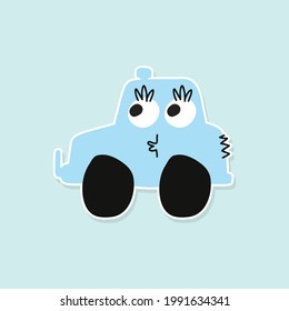 Cartoon car sticker for boys.Vector illustration of doodle car for scrapbook.Transportation Applique Background. Funny smile car in paper cut style. Comic character for textile