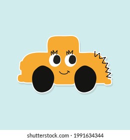 Cartoon car sticker for boys.Vector illustration of doodle car for scrapbook.Transportation Applique Background. Funny smile car in paper cut style. Comic character for textile