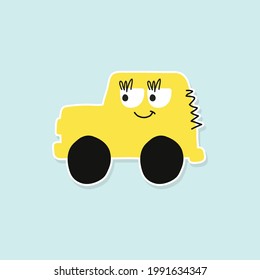 Cartoon car sticker for boys.Vector illustration of doodle car for scrapbook.Transportation Applique Background. Funny smile car in paper cut style. Comic character for textile