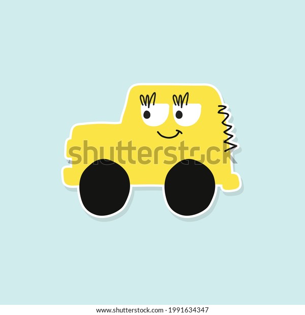 Cartoon car\
sticker for boys.Vector illustration of doodle car for\
scrapbook.Transportation Applique Background. Funny smile car in\
paper cut style. Comic character for\
textile