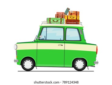 Cartoon car with suitcases on the roof. Side view. Flat vector.