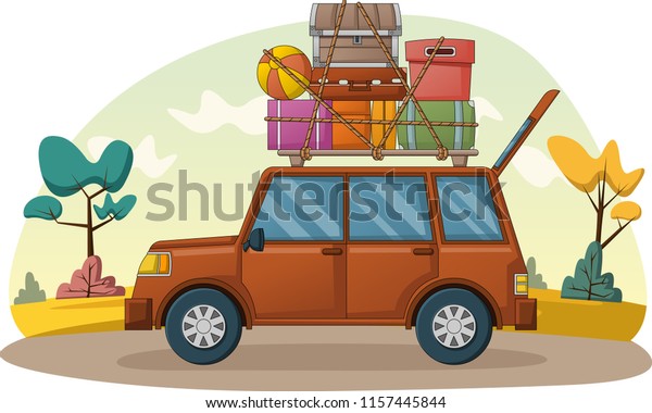 Cartoon car with suitcases on car roof. Car with\
travel cases.