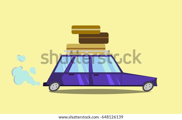 Cartoon car with suitcases, rides. On\
an isolated background. Travel car. Vector\
illustration