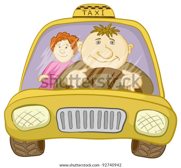 Cartoon, car taxi with a man driver and passenger\
a woman. Vector